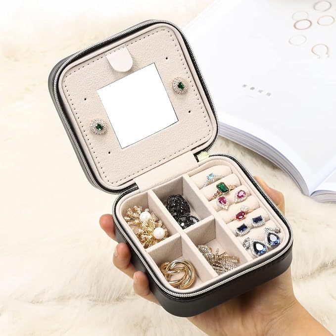 TRODANCE Jewelry Travel Case with Mirror,Small Travel Jewelry Organizer, Portable Jewelry Box Travel Mini Storage Organizer Portable Display Storage Box for Rings Earrings Necklaces (Black)