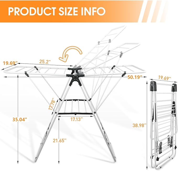 Clothes Drying Rack Foldable Metal Laundry Drying Rack White | with Height-Adjustable Wings, Space Saving, Indoor Outdoor Use, Free-Standing Airer