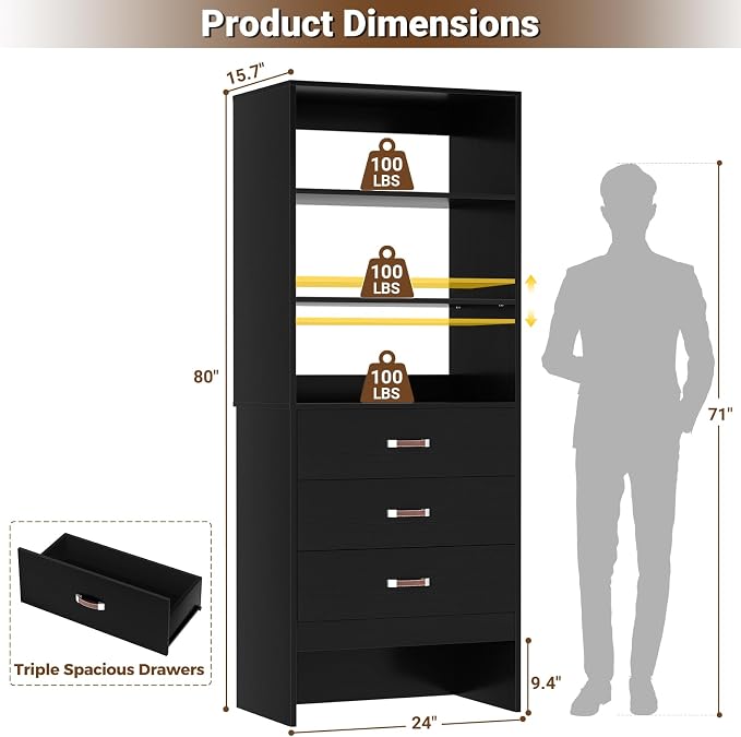 Armocity Freestanding 2FT Closet System with Leather Handles, 24" Walk-in Closets Storage Unit with Cabinet, Wood Wardrobe Closet Organizer and Storage with 3 Drawers for Small Space, Laundry, Black