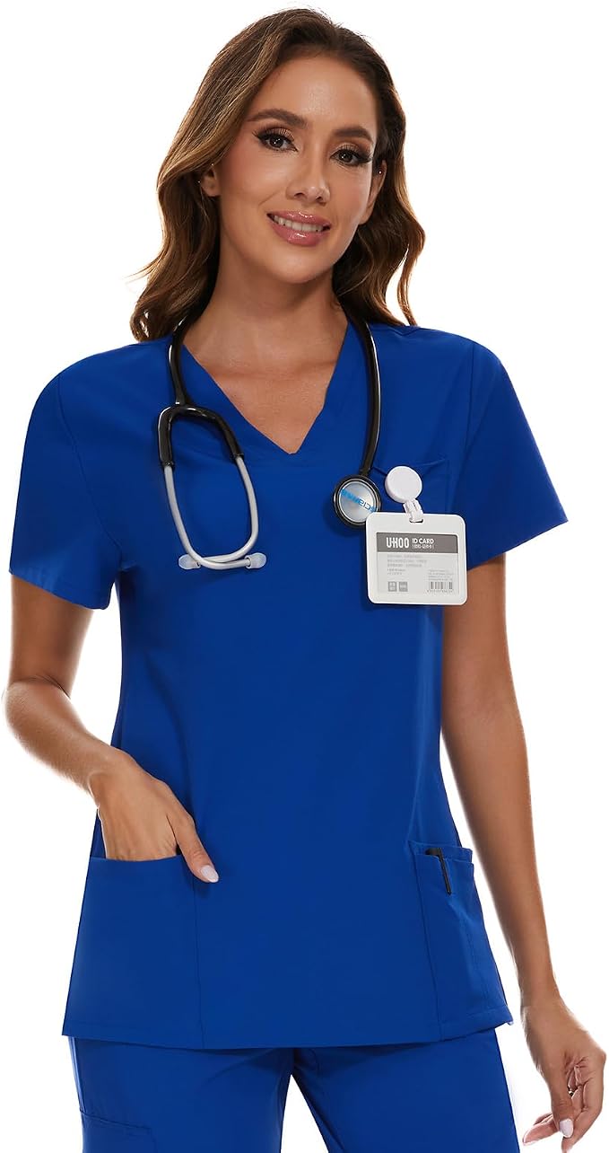 Scrubs Tops for Woman - Soft Stretch, V-Neck Tops | 3 Pockets, Side Split Design, Short Sleeve, Breathable & Lightweight Nursing Shirt, Easy-Care Fabric for All-Day Comfort