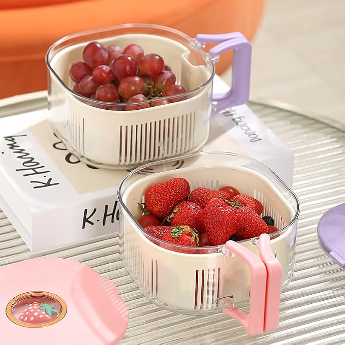 Fruit and Salad Washing Bowl with Strainer,Colander for Kitchen,Multi-Functional Vegetable and Food Drainer with Lid, Handle and Fork,Portable Fruit and Salad Containers for Fridge,BPA Free，Strawberry