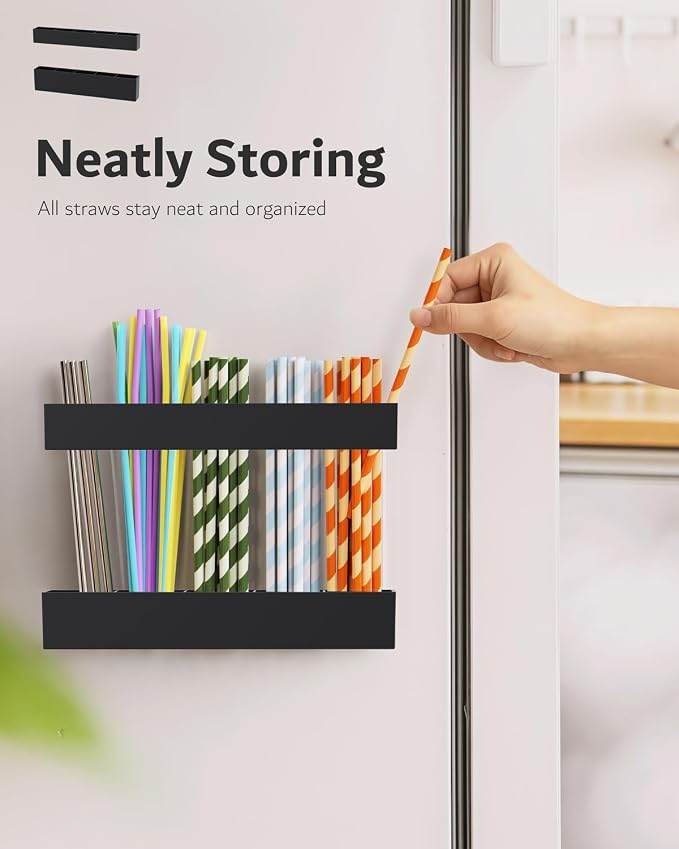 Magnetic Acrylic Straw Holder for Fridge - 5 Slot Sturdy Kitchen Organizer, Adhesive-Free Refrigerator Storage for Metal, Glass, Silicone Straws & Utensils (Separate unit Black-Magnetic Type-5C)