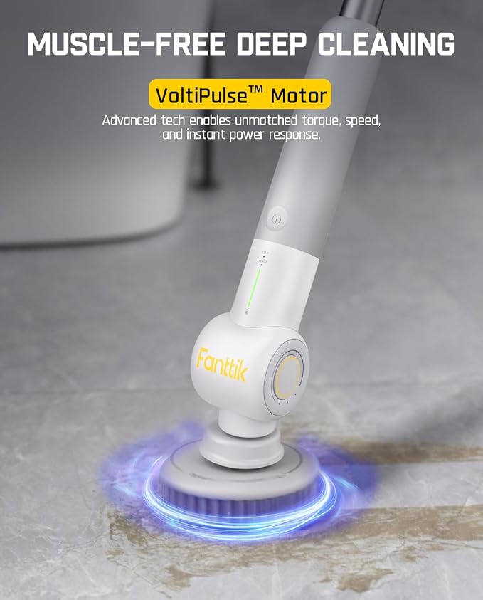 Fanttik Flip G9 Pro Electric Scrubber, VoltiPulse Motor, Dual-Speed Cleaner with 6 Brush Heads, Adjustable Angle & Extendable Handle, IPX7 Waterproof, Type-C Charge for Bathroom, Tile, Grout - White