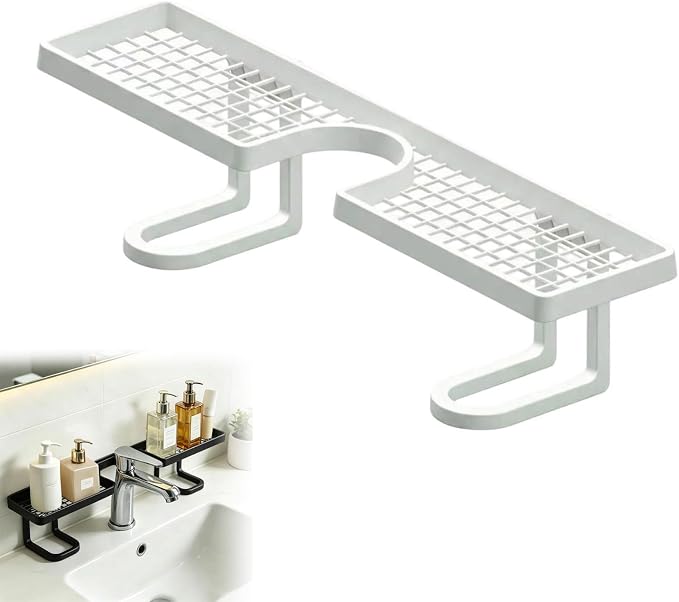 Over Sink Faucet Storage Rack, No Drill Free Standing Faucet Organizer Shelf with Drainage Design, Space Saving Countertop Storage for Kitchen and Bathroom (White)