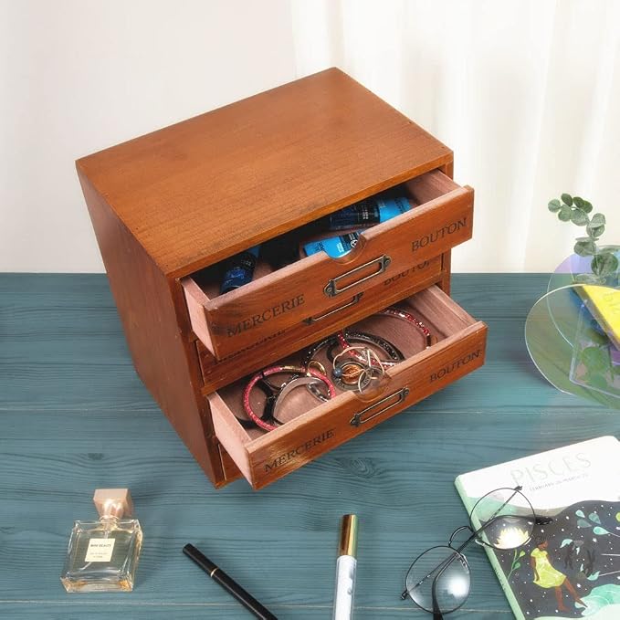 Small Wooden Drawers Wooden Box with Drawer Brown | 4 Drawer Storage Box for Apothecary Cabinet, Apothecary Drawers，Desktop Organizer with Metal Handles for Office，Home