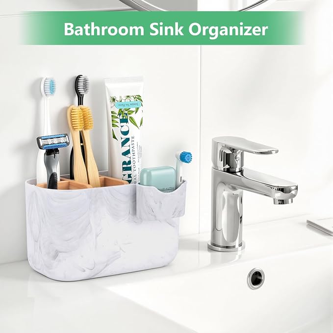 GFWARE Marble Toothbrush Holder, Bathroom Storage Organizer with Small Box | 5 Slots Marble Toothbrush Organizer for Bathroom Countertop Accessories Storage, Kids Electric Tooth Brush Holder