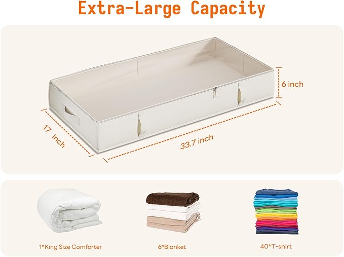 Vailando Side-Supported Under Bed Storage Containers, 6 Inches Tall 60L Underbed Storage Bins with Sturdy Handles and Sidewalls, Closet Organizer for Clothes, Blankets, Seasonal Items, Beige, 2-Pack