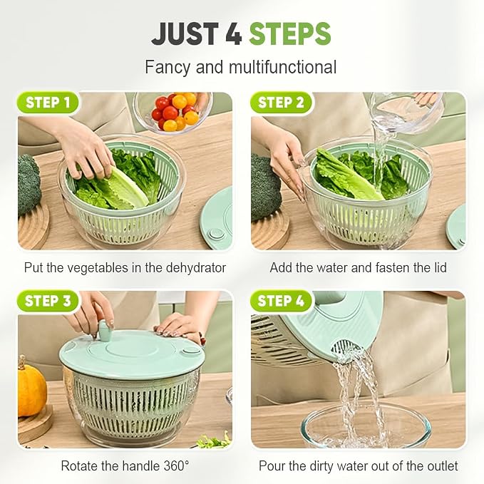 Salad Spinner with Slicer, 2026 New 3 in 1 Salad Spinner, Fruit Washing Bowl with Strainer, Berry Washing Bowl, Vegetables Wash Bowl for Salad, Lettuce, Food Washing (1, Green)