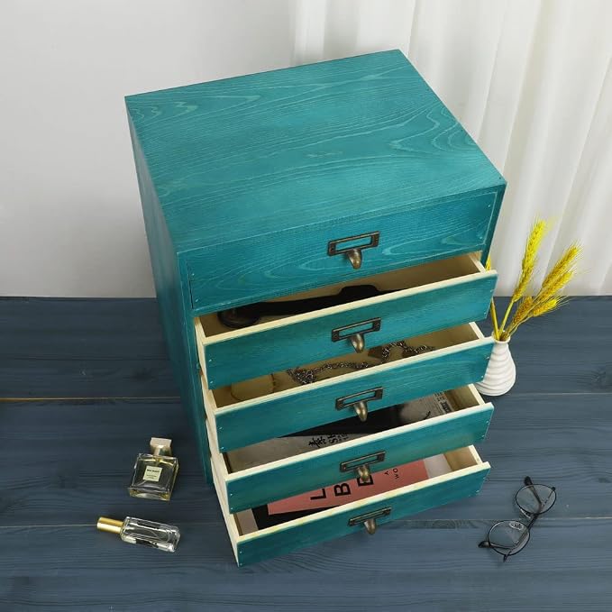GoooodGIFT Wooden Drawers Large Wooden Box with Drawer, Blue | 5 Drawer Wood Storage Box , Vintage Desktop Organizer with Drawers, Desk Organizers for Library Card Catalog Cabinet