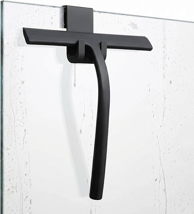 Shower Squeegee for Glass Doors, Mirror Window Tile Scrubber Cleaner with Hook Silicone (Black)