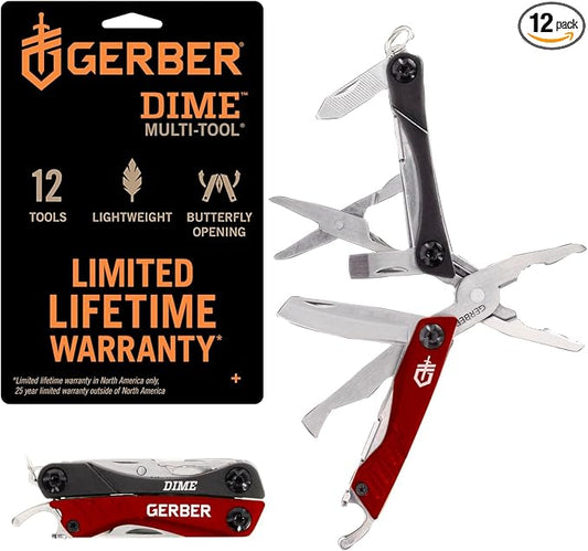 Gerber Gear Dime 12-in-1 Mini EDC Multitool - Needle Nose Pliers, Pocket Knife, Keychain, Bottle Opener - EDC Gear and Equipment, Gifts for Men - Red (Pack of 12)
