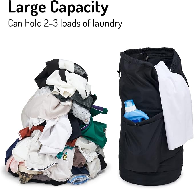 Seiritex Laundry Backpack Bag, Dirty Clothes Travel Laundry Bag with Shoulder Straps for College Dorm (Black)