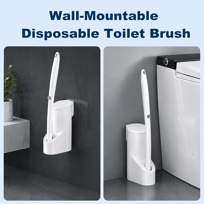 Disposable Toilet Brush and Holder Set with 32 Cleaning Refill for Bathroom | Wall Mounted Disposable Toilet Bowl Brush with Extended Handle, Disposable Toilet Wand for Toilet Bathtub Sink Deep Cleaning