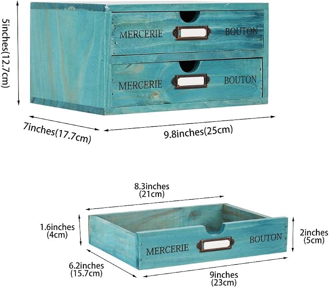 Small Wooden Drawers Wooden Box with Drawer Blue | 2 Drawer Storage Box for Apothecary Cabinet, Apothecary Drawers，Desktop Organizer with Metal Handles for Office，Home