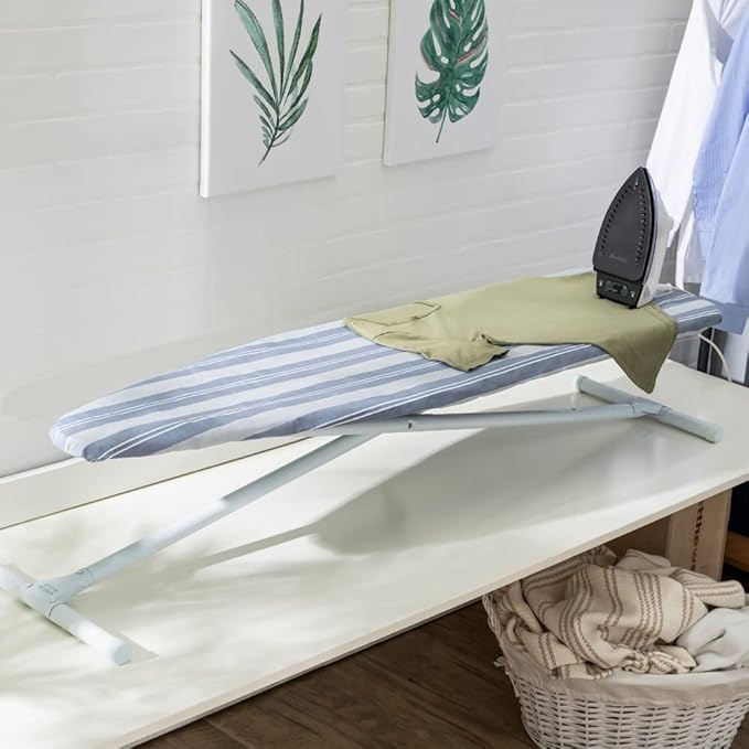 Ironing Board Full Size; Made in USA by Seymour Home Products (Blue Stripe) Bundle Includes Cover, Pad, and Silicone Iron Rest | Iron Board w/Steel T-Legs Adjustable from Tabletop up to 35" High