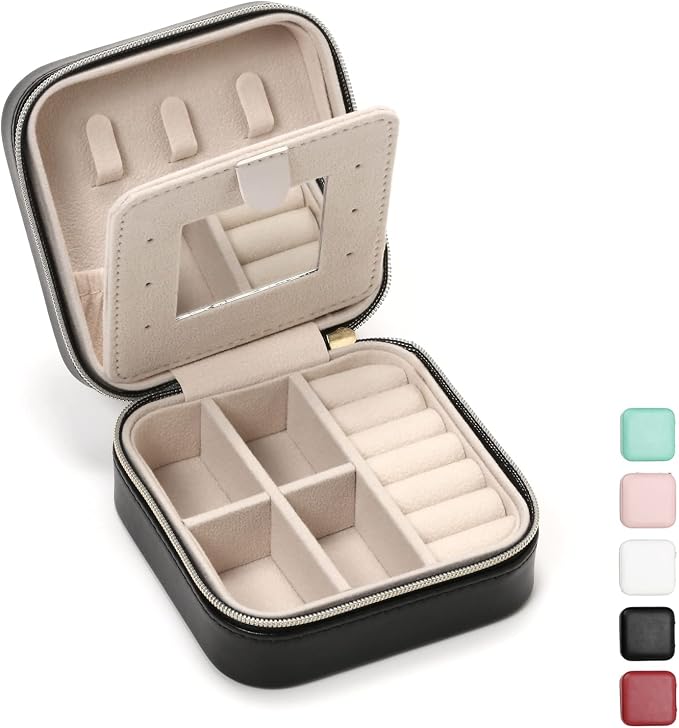 TRODANCE Jewelry Travel Case with Mirror,Small Travel Jewelry Organizer, Portable Jewelry Box Travel Mini Storage Organizer Portable Display Storage Box for Rings Earrings Necklaces (Black)