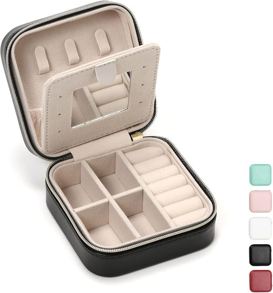 TRODANCE Jewelry Travel Case with Mirror,Small Travel Jewelry Organizer, Portable Jewelry Box Travel Mini Storage Organizer Portable Display Storage Box for Rings Earrings Necklaces (Black)