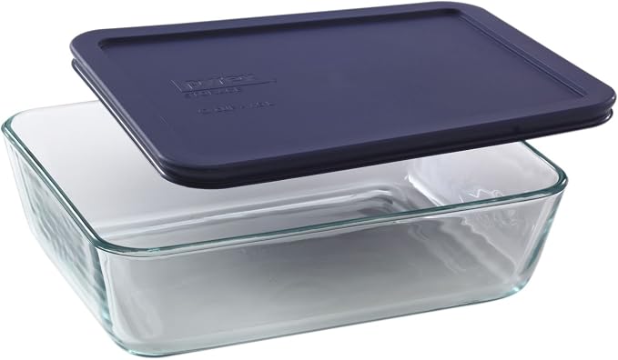 Pyrex 7211 6-Cup Glass Dish & 7211-PC Dark Blue Lid (4-Pack) - Made in USA | Top-Rack Dishwasher Safe | Freezer Safe | Non-Porous Borosilicate | Tight-Sealing Flexible Plastic Covers