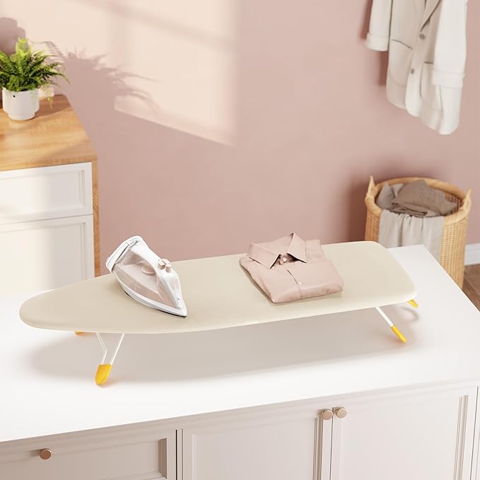 Small Ironing Board Tabletop, Table Top Iron Board Small with Mesh Metal Base, Mini Tabletop Ironing Boards Space Saving, Compact Table Top Iron Boards Small with Non-Slip Feet,12x38 Cream White