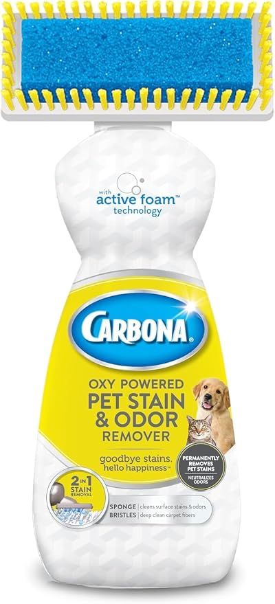 Carbona Oxy-Powered Pet Stain & Odor Remover, 2-in-1 Foaming Carpet Cleaner with Built-In Brush, Targets Urine, Vomit, Mud Messes from Dogs, Cats, 13.5 Oz (Pack of 3)