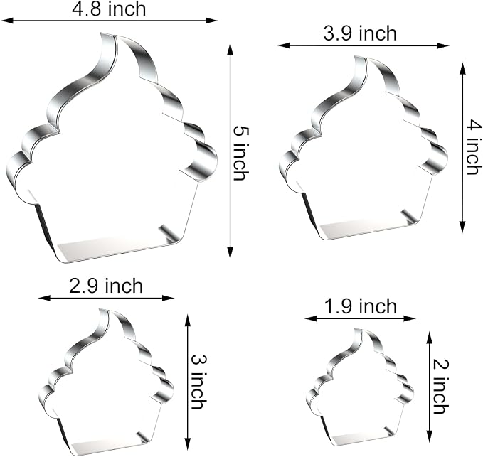 Cupcake Cookie Cutter Set - 5 inch, 4 inch, 3 inch, 2 inch - 4 Piece Summer Ice Cream Cookie Cutters Shapes Molds - Stainless Steel