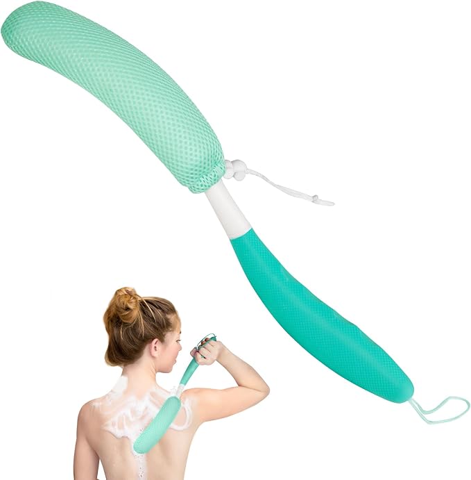 Back Scrubber for Shower, 15.35" Long Handle Shower Brush for Body, Back Brush for Shower for Men Women, Long Handled Bath Sponge for Deep Clean, Exfoliating, Anti-Slip Curve Handled Back Scrubber