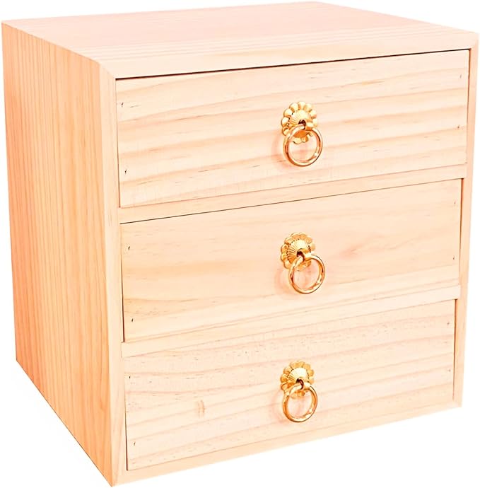 3 Layer Natural Wooden Storage Box Organizer Desk Accessories | Efficient Office Storage Drawers Cabinet Organizer Box Tabletop Organizer with Metal Handle for Home Office Counter Kitchen