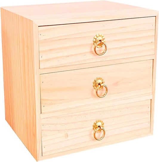 3 Layer Natural Wooden Storage Box Organizer Desk Accessories | Efficient Office Storage Drawers Cabinet Organizer Box Tabletop Organizer with Metal Handle for Home Office Counter Kitchen