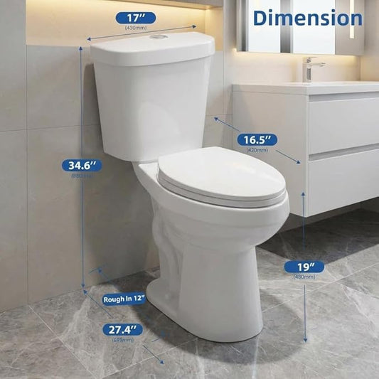 Two-Piece Toilet, 19" Comfort Height Elongated Bowl with 1000g MAP High-Efficiency Flush, ADA Compliant, 12" Rough-In for Residential & Commercial Use
