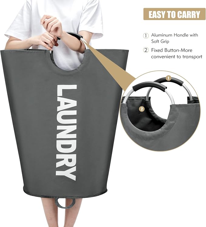 Maxsilan 90L Large Laundry Basket Bag, Collapsible Tall Hamper, Dark Grey | Freestanding tall laundry bag & foldable washing basket. Large capacity clothes storage bin with durable sturdy handles