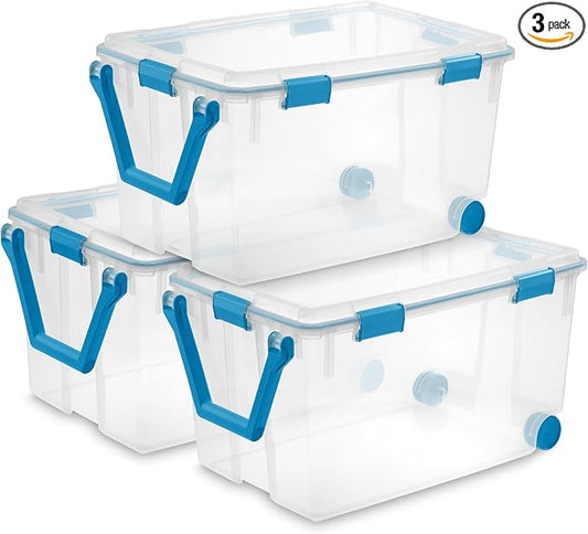 Sterilite Gasket Storage Box with Lids for Home & Office, 120 Quart, 3-Pack | Heavy-Duty, Stackable, and Organizing Containers for Bathroom, Cabinet, Closet, and Garage, Clear and Blue Aquarium Latches