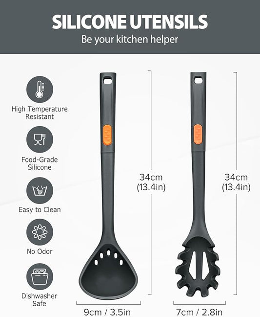 Silicone Pasta Fork and Ladle Spoon Set, Large Non Stick Kitchen Utensils for Cooking,Stirring,One Piece Serving Spaghetti, Soup, Sauce (GREY)