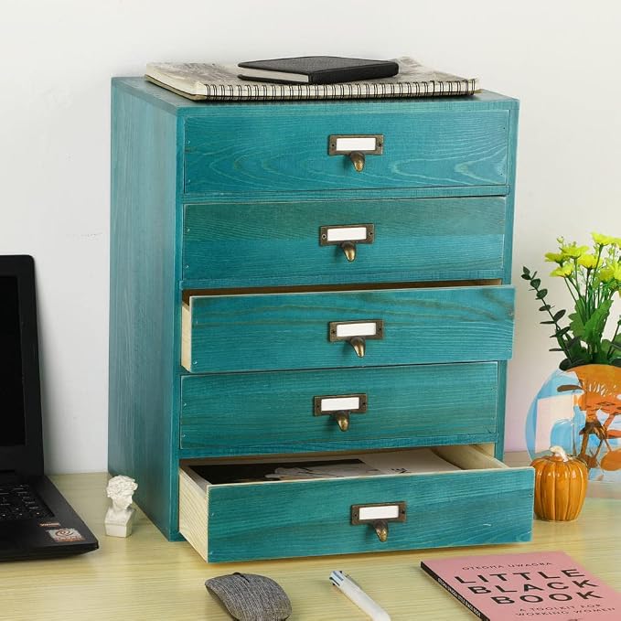GoooodGIFT Wooden Drawers Large Wooden Box with Drawer, Blue | 5 Drawer Wood Storage Box , Vintage Desktop Organizer with Drawers, Desk Organizers for Library Card Catalog Cabinet