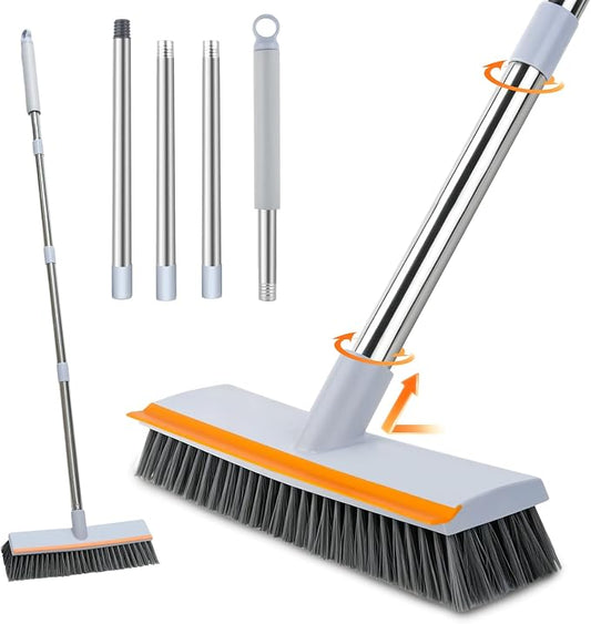 Floor Scrub Brush with 45" Long Handle, 2-in-1 Heavy-Duty Stiff Bristle Scrubber Brush Broom with Scrape Squeegee for Cleaning Bathroom, Shower, Kitchen, Patio, Pool, Garage, Tile, Wall and Deck