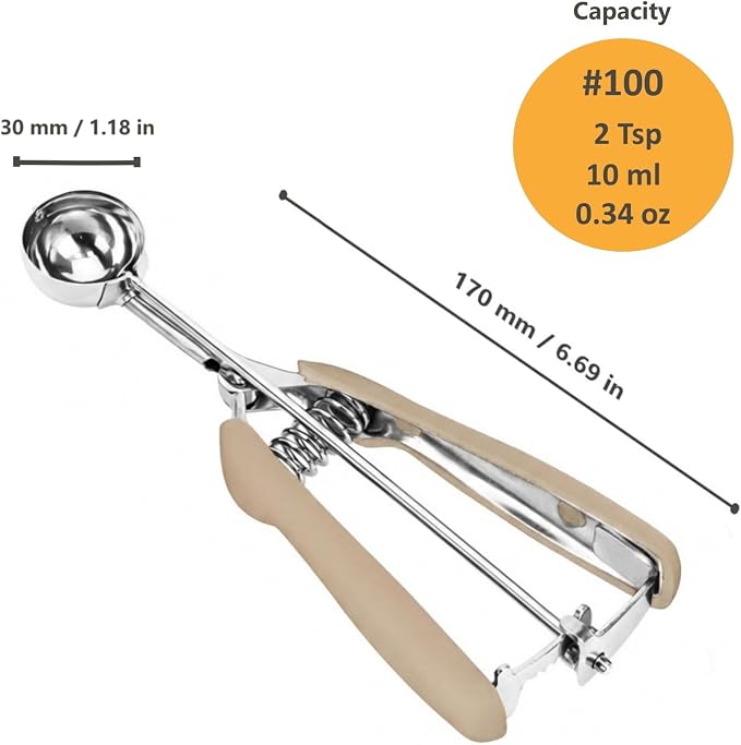 Mini Cookie Scoop, 2Tsp/10ml/0.34oz Cookie Scoops for Baking, 18/8 Stainless Steel Cookie Scooper for Baking, Cookie Dough Scoop with Non-slip Grip (Brown)