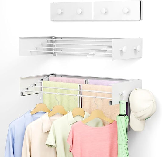 Foldable Wall Mounted Drying Rack, Stainless Steel Expandable Clothes Drying Rack with 6 Knobs, Heavy Duty Laundry Drying Rack for Apartment, Laundry Room, Balcony, 4 Thickened Rods