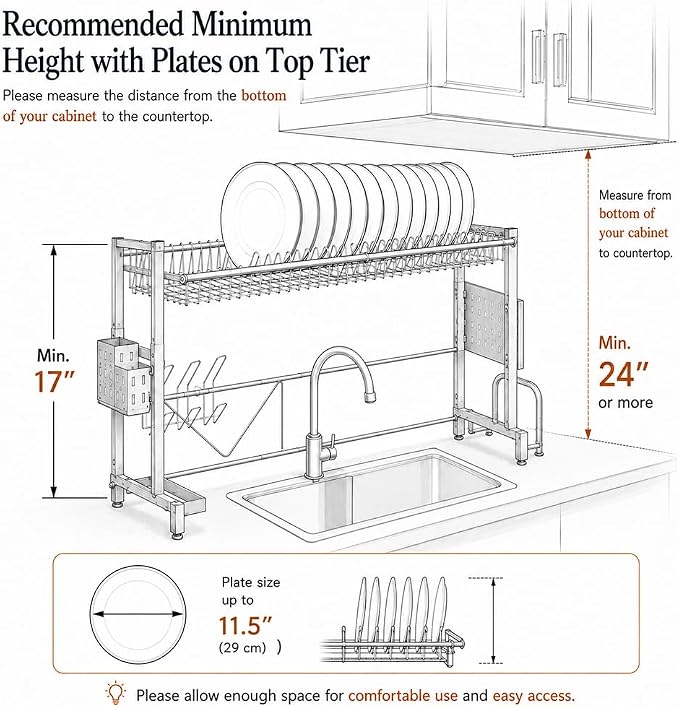 Over the Sink Dish Drying Drainer Rack - Height & Width Adjustable Large Capacity Stainless Steel Kitchen Storage Organization Plate Strainers Above Kitchen Counter (W24.4-38.2" ~ H17.7-22.1" Black)