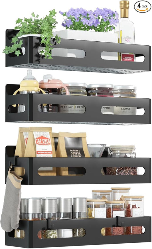 Sevenblue 4-Pack Magnetic Spice Rack for Refrigerator with Hooks, Black | Strong multipurpose magnetic shelf for kitchen & bathroom organization. Includes 4 removable hooks for hanging items.