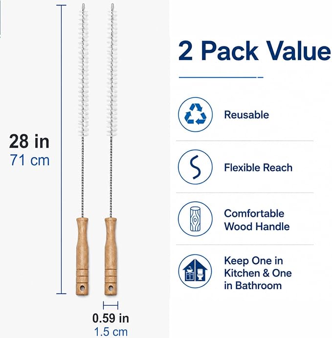 2 Pack Drain Cleaning Brush, 28 Inch Flexible Drain Cleaner Tool with Wooden Handle, Sink Brush with Nylon Bristles for Hair Clogs, Shower, Bathroom Tub, Kitchen Sink, Overflow Hole