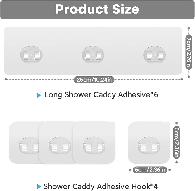 10 Pack Shower Caddy Adhesive Replacement, Strong Adhesive Hooks for Shower Caddy, Waterproof Adhesive Strips, No Drilling, for Bathroom Storage Shelves and Kitchen Racks