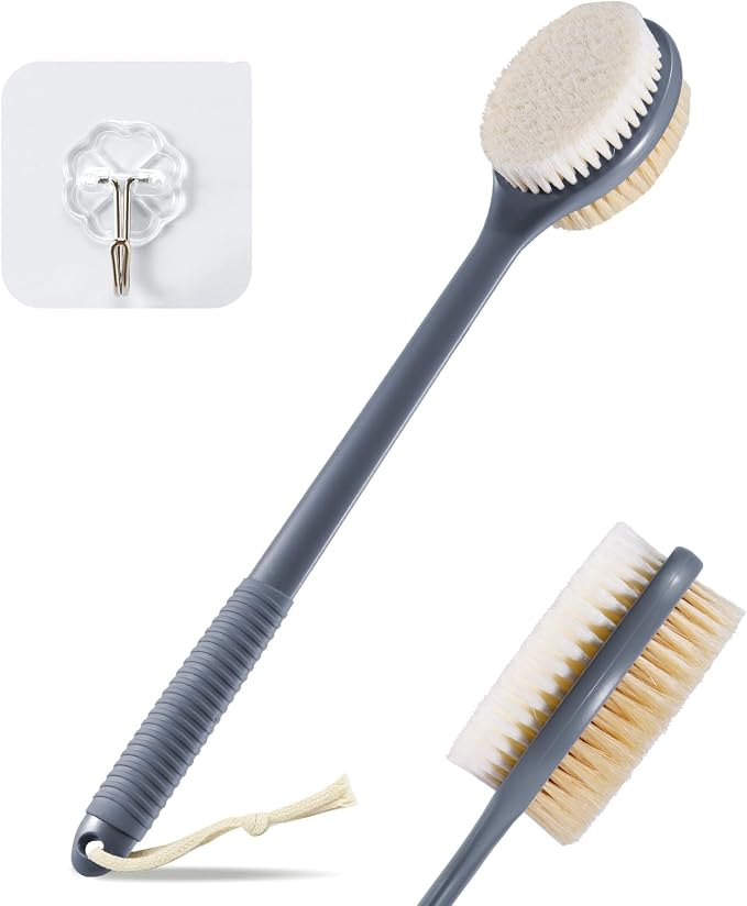 VANZAVANZU 17 Inch Anti-Slip Long Handle Back Scrubber for Shower – Dual-Sided Shower Brush and Shower Back Scrubber with Soft and Stiff Bristles for Wet or Dry Brushing (Gray)