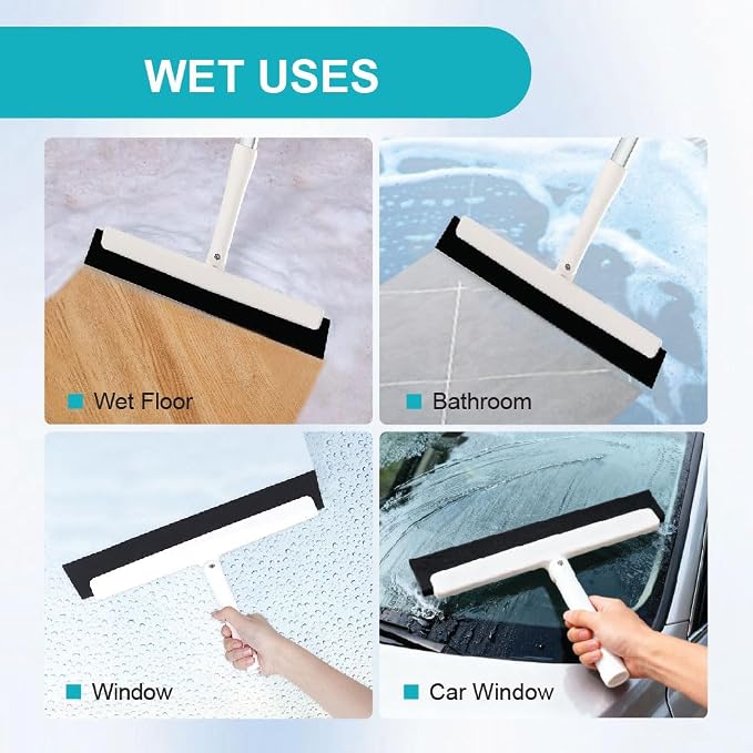 Japan-Designed Satto Floor Squeegee Kit with EVA Rubber Blade, Extendable Squeegee Broom (up to 52.56"), Water Broom for Concrete Floors, Bathroom, Window & Car Cleaning, Includes Disinfectant Wipes