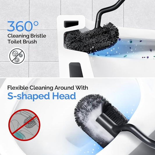 HAMITOR Toilet Brush and Holder Set: Stainless Steel Heavy Duty Bowl Cleaner Brush - Deep Cleaning Under Rim Curved Bristle - Space Saving Wall-Mounted for Home RV Bathroom Accessories Black 1 Pack