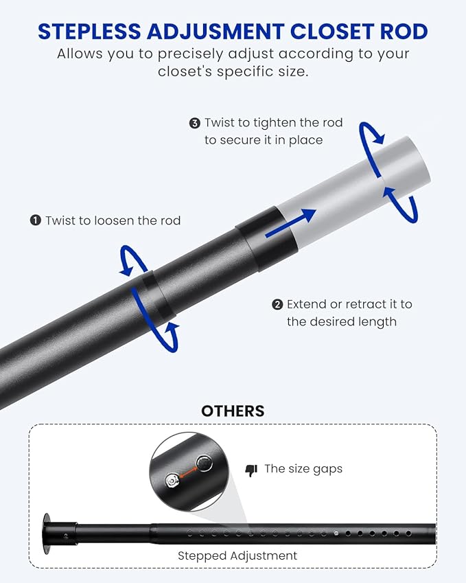 Supforce 4 PACK Closet Rods for Hanging Clothes, 17 to 69 Inches Stepless Adjustable Metal Closet Rod, 1.3 Inches Heavy Duty Clothes Hanging Rod for Closet Wardrobes Laundry RV, Black