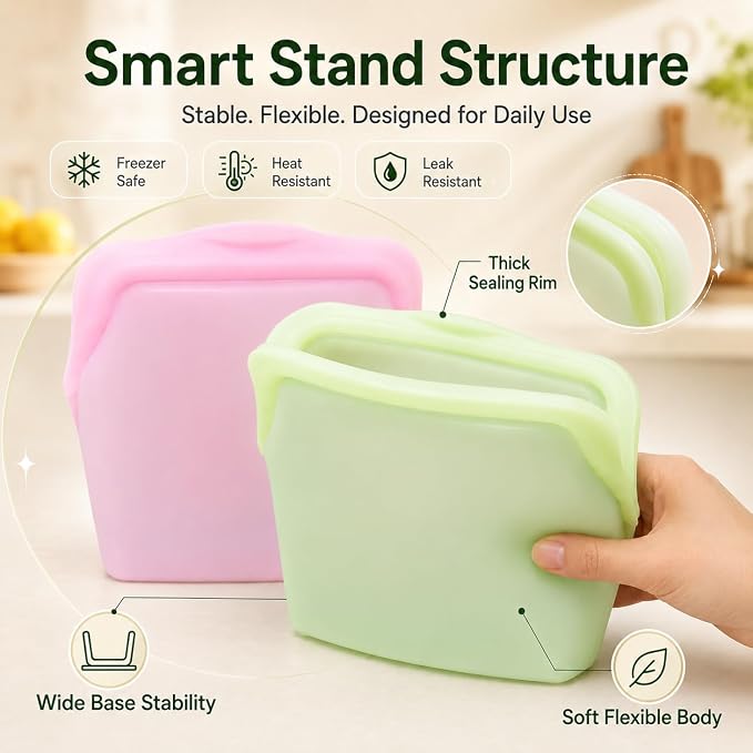 2 Pack Reusable Silicone Food Storage Bags,1000ml Stand-Up Freezer Bags | Leak Proof, Upright Freezer Bags, Odor-Proof, High-Temperature Resistant