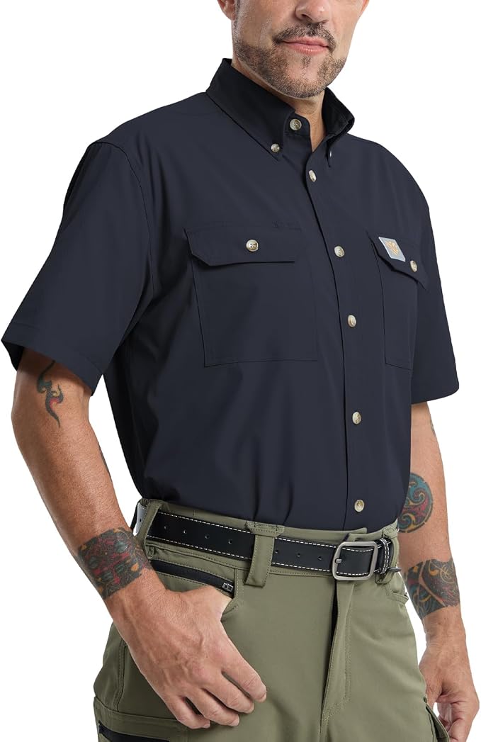 Mens Regular Fit Work Utility Shirt Midweight Short Sleeve Work Wear | Midweight stretch work shirt with reflective trim, 2 secure chest pockets, moisture-wicking comfort, easy-care fabric
