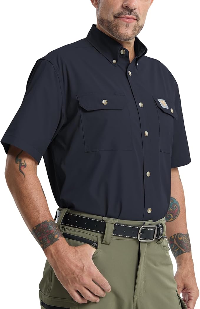 Mens Regular Fit Work Utility Shirt Midweight Short Sleeve Work Wear | Midweight stretch work shirt with reflective trim, 2 secure chest pockets, moisture-wicking comfort, easy-care fabric