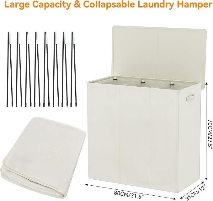 WOWLIVE 180L Laundry Hamper 3 Section, Large Laundry Basket with Lid | Dirty Clothes Hampers with Removable Bags and Handles, Collapsible Laundry Basket Organizer for Dorm Room, College, Beige