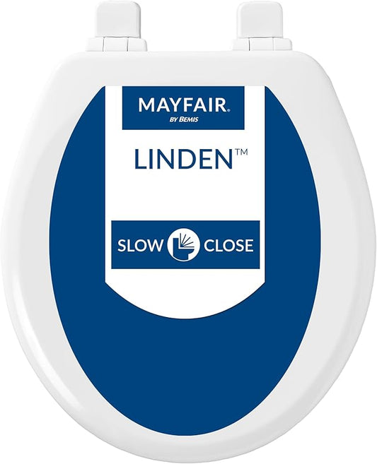 Mayfair Linden Slow Close Toilet Seat, Non Slip Heavy Duty Wood, Easy Install, Round, White