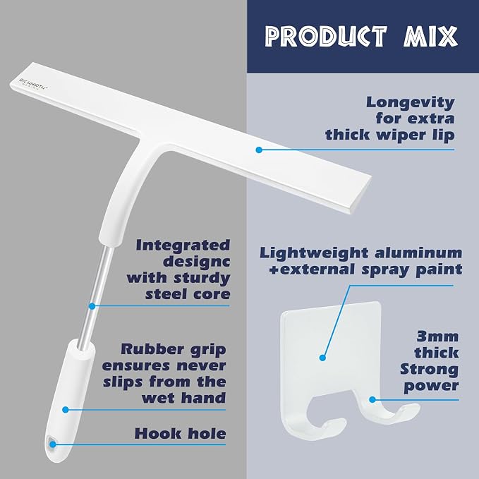 12 Inch Silicone Shower Squeegee for Glass Doors with Microfiber Cloth & Hook, Streak-Free Window Cleaner for Bathroom Mirror Tile Car, No-Scratch Squeegee with Rustproof Metal Core (White)